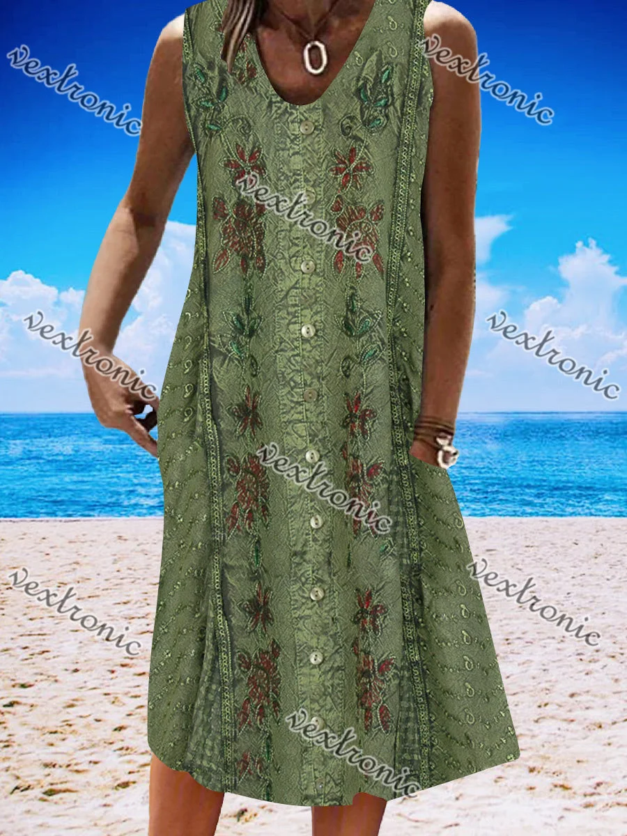 Women's Green Sleeveless V-neck Graphic Floral Printed Buttons Midi Dress