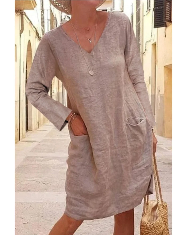V-NECK COTTON LINEN DRESS