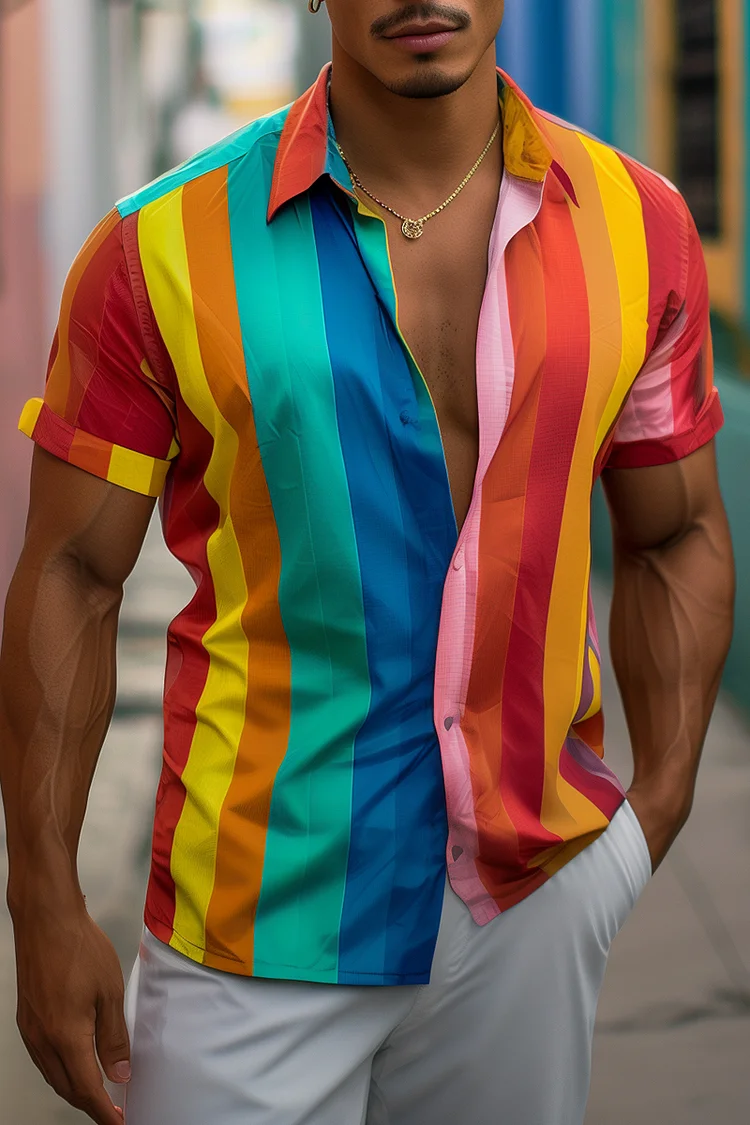 Ciciful Rainbow Striped Print Short Sleeve Festival Shirt