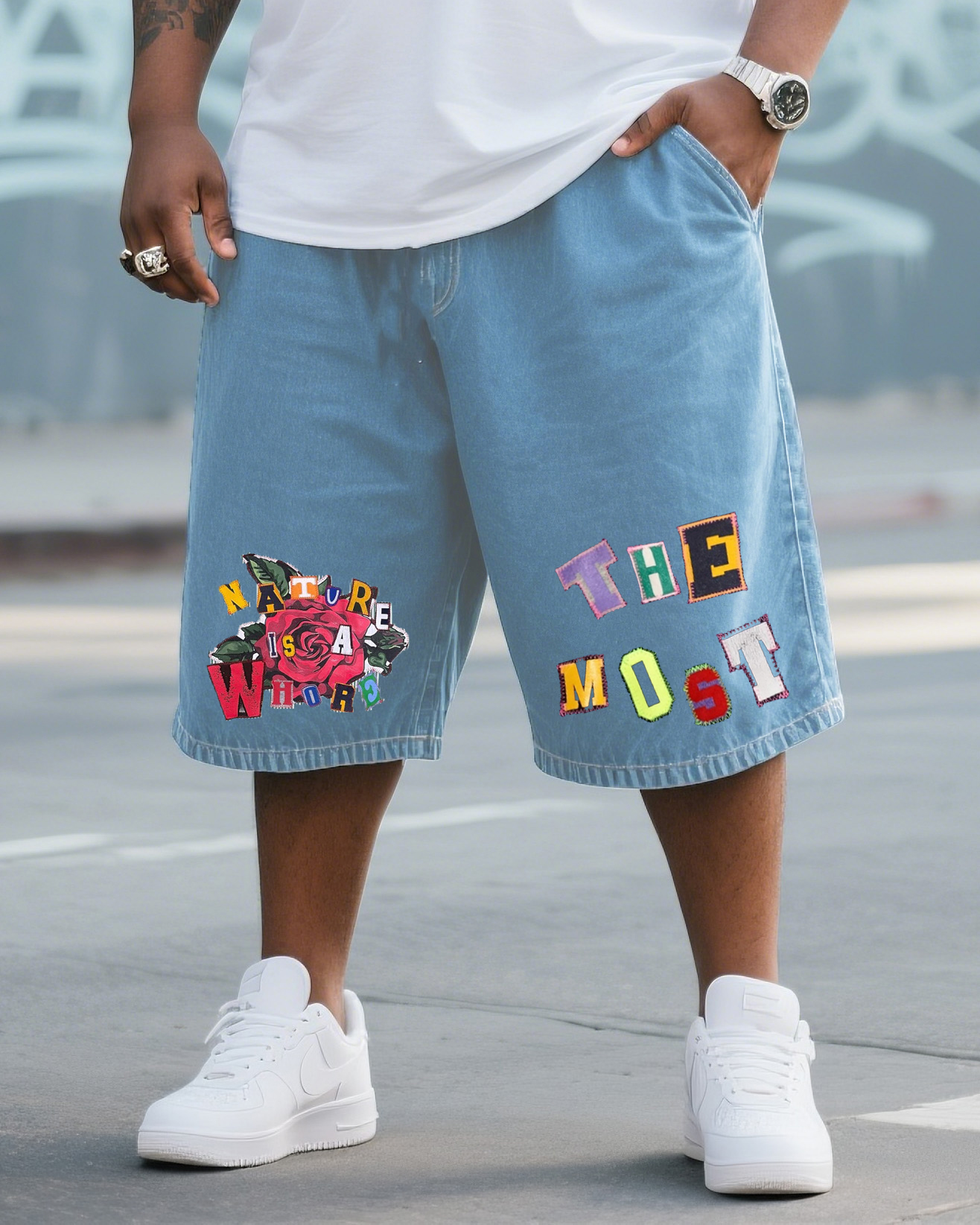 Big & Tall Men's Daily Casual Creative Hot Stamping Shorts Jeans