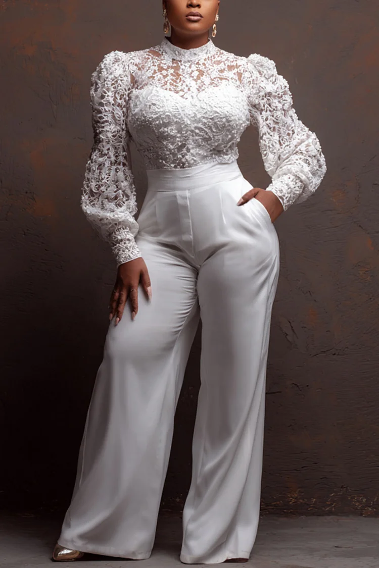 Xpluswear Design Plus Size Cocktail Party White Long Sleeve See Through Elegant Pocket Lace Jumpsuits [Pre-Order]