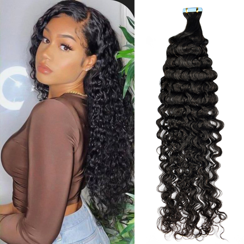 12A Deep Curly Tape in Hair Extension Virgin Hair Weft For Women 2Pack 40pcs/100g