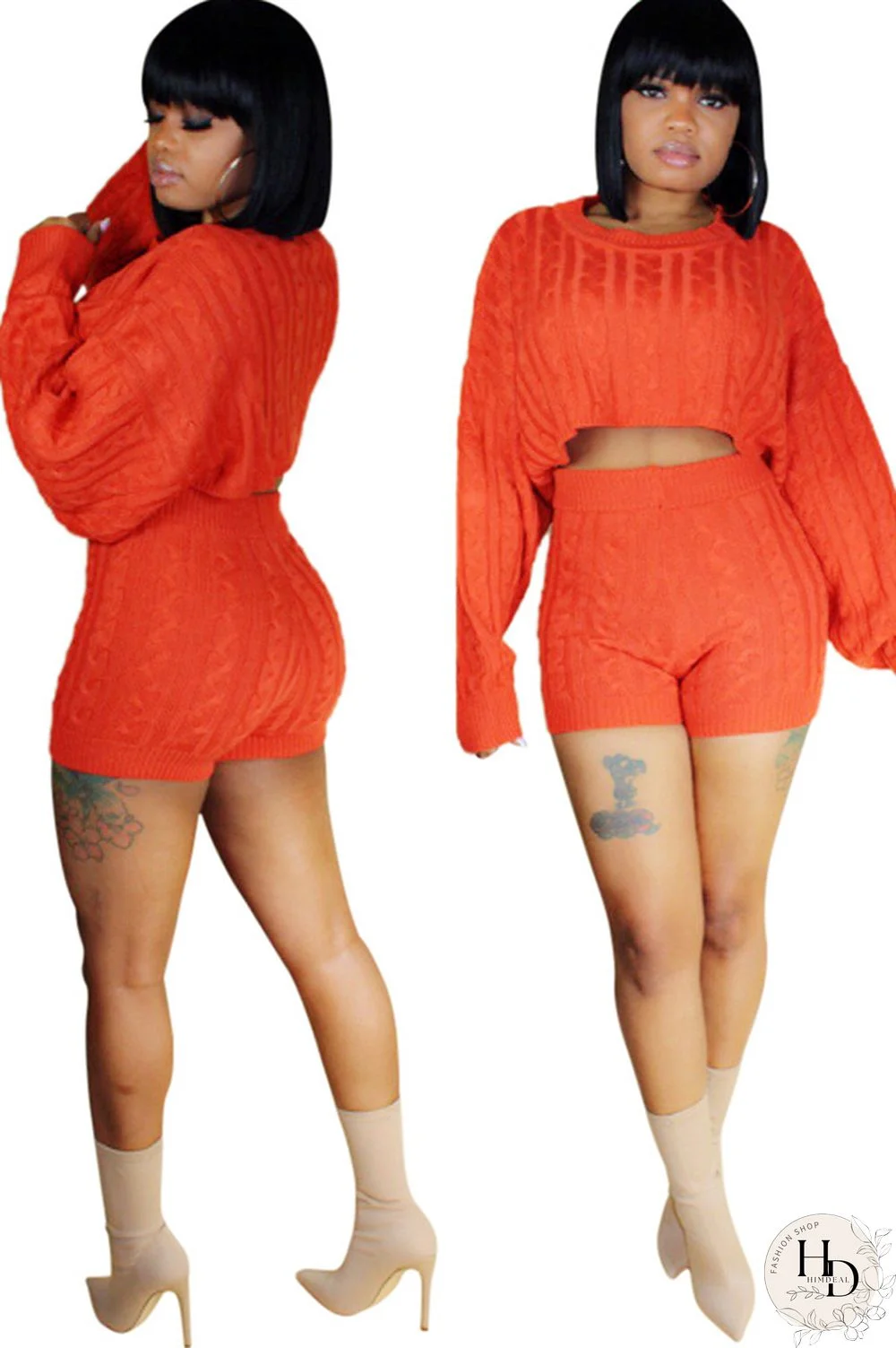 Orange Wool Europe and America Solid Two Piece Suits pencil Long Sleeve Two-Piece Short Set