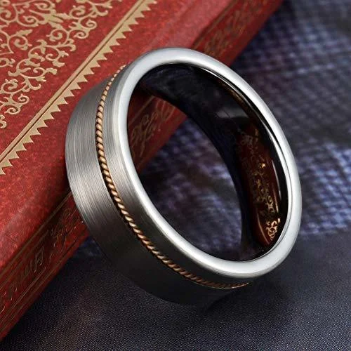 8MM Women's Or Men's Tungsten Carbide Wedding Rings Silver Matte Finish with Bronze Wire Inlay