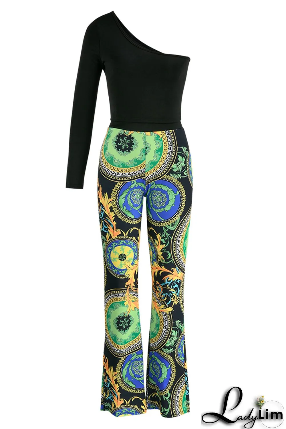 Sky Blue Fashion Casual Print Patchwork Backless Oblique Collar Long Sleeve Two Pieces