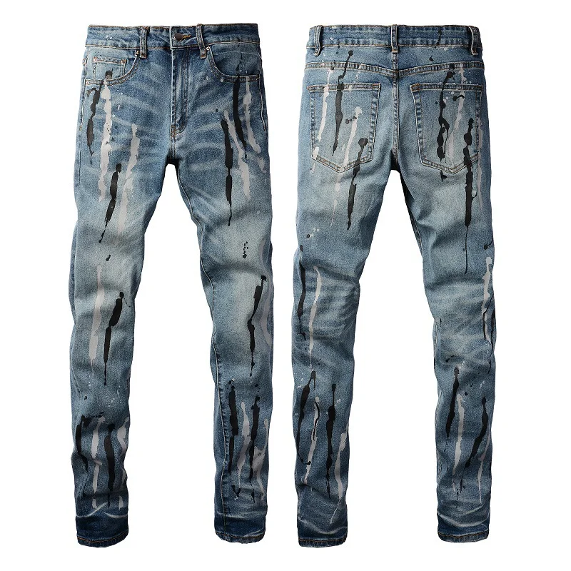 Men's Street Style Ink Splashing Jeans Graffiti Classic Retro Elastic Biker Jeans