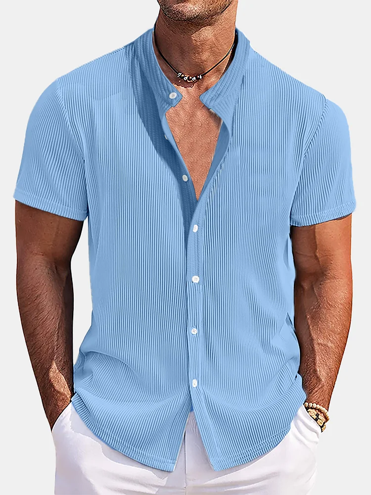 Men's Stand-up Collar Ribbed Jacquard Short-sleeved Shirt
