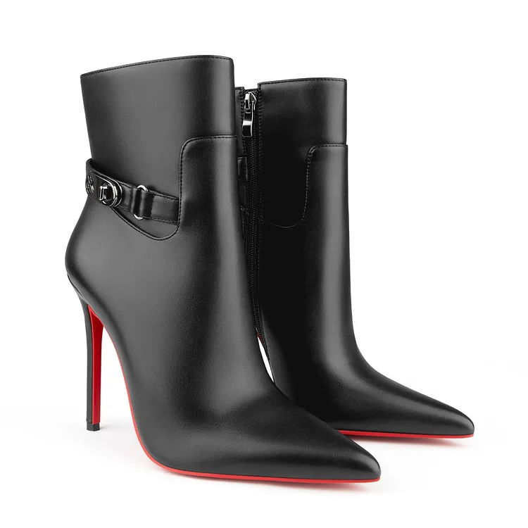 Women's Pointed Toe Crocodile Pattern Stiletto Ankle Red Bottom Boots Side Zipper Booties With Metal Buckle VOCOSI VOCOSI