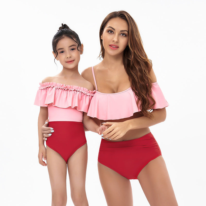 Pink Ruffle Matching Swimsuits For Mom and Daughter