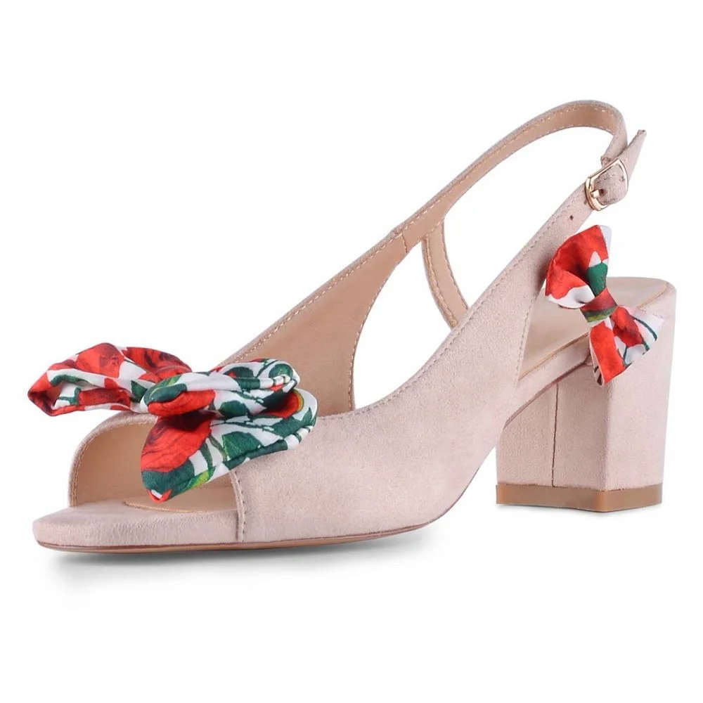 Kitten Heels With Floral Bow Slingback Shoes Block Heel Sandals 