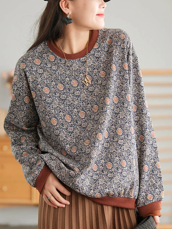 Vintage Loose Floral Printed Long Sleeves Sweatshirt