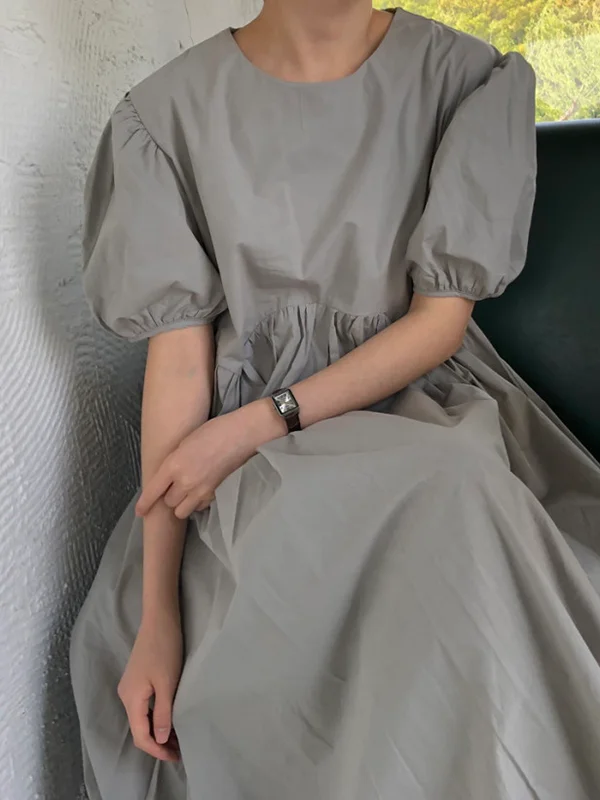 Original Loose Solid Color Pleated Puff Sleeves Midi Dress