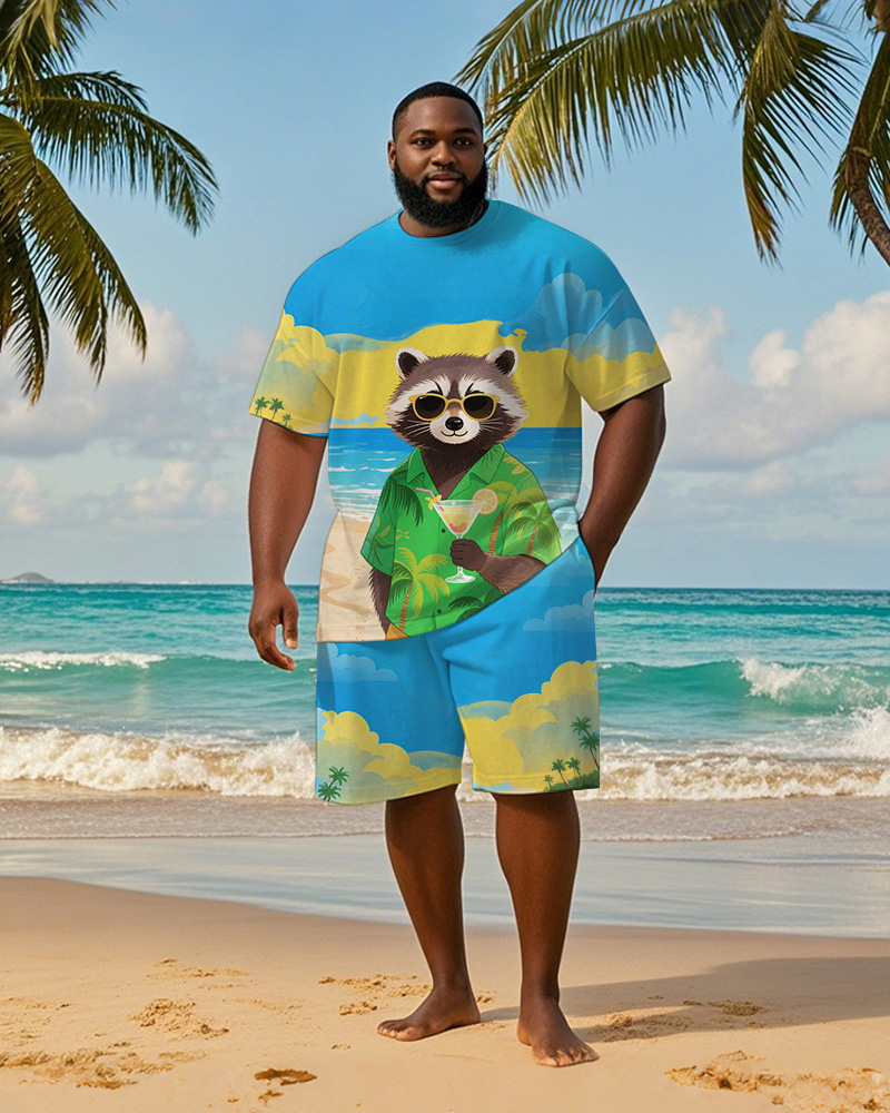 Men's Plus Size Hawaiian Blue Raccoon Drinking Cocktail Print Short Sleeve T-Shirt Shorts Suit