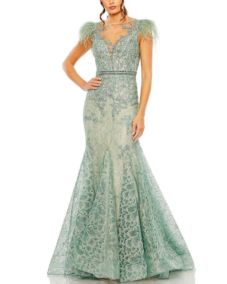 Embellished Feather Cap Sleeve Illusion Neck Trump Gown