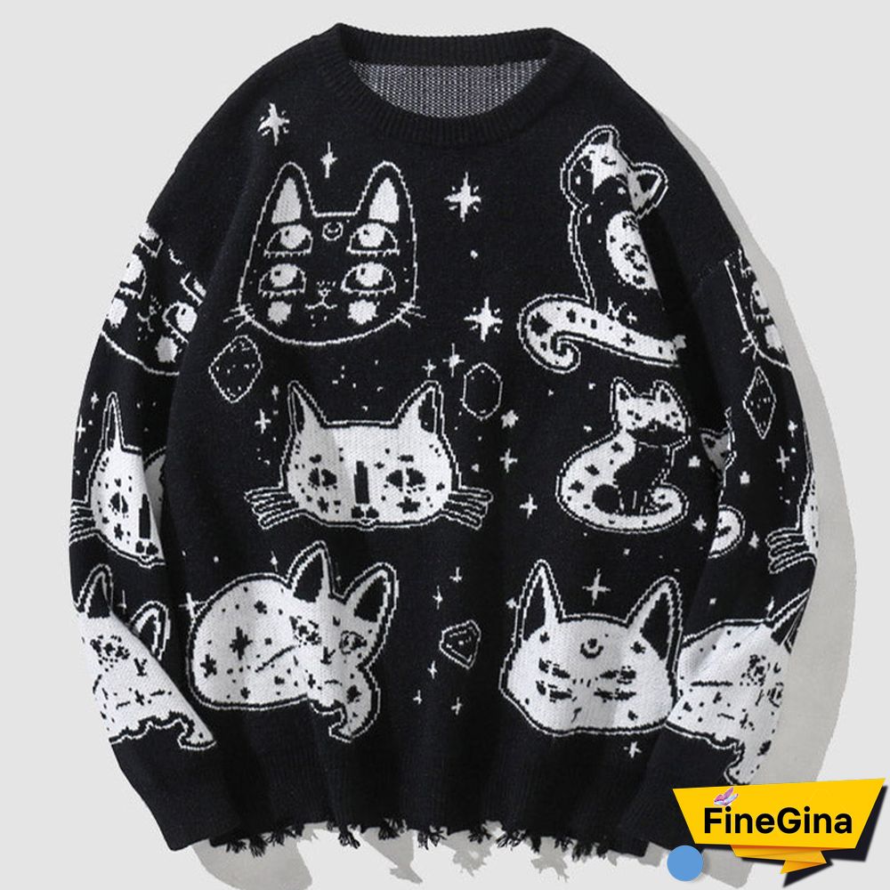 Cartoon Cat Print Loose Sweater