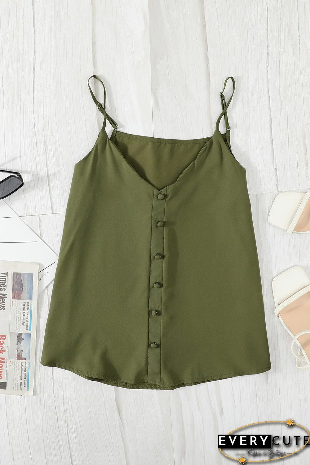 Green Spaghetti Straps Buttoned V Neck Vest