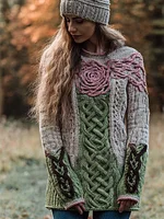 Women's Vintage Floral Cable Knit Pattern Long-sleeved Sweater
