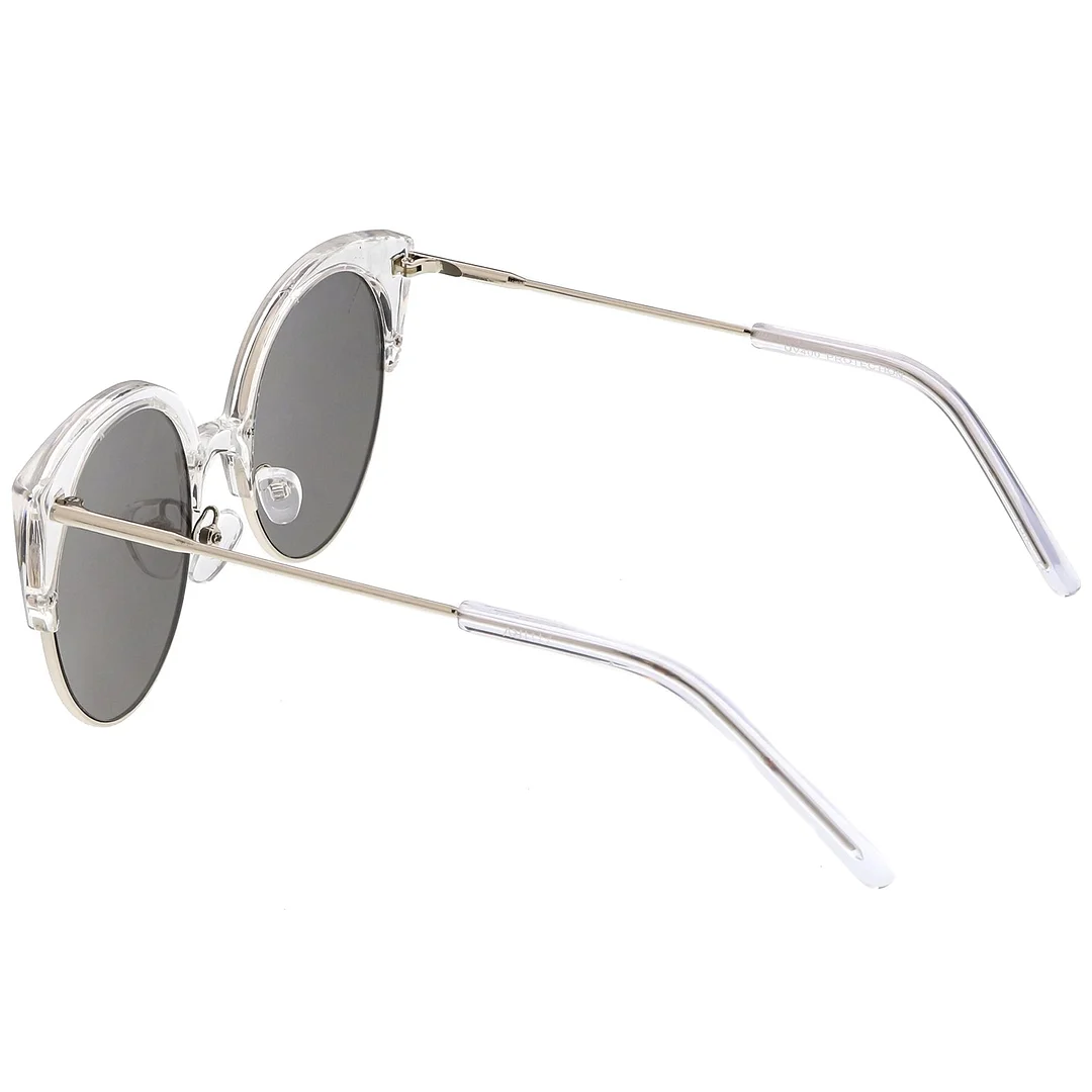 Women's Half Frame Cat Eye glasses Ultra Slim Arms Mirrored Round Flat Lens 53mm