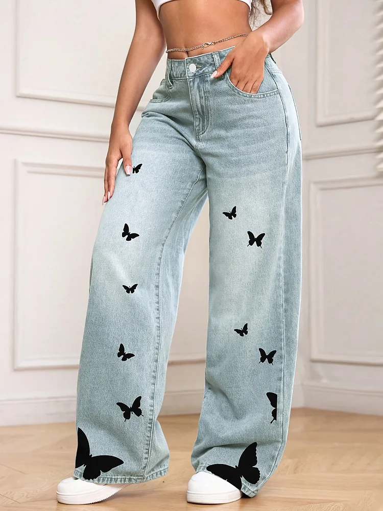 Women's High Waist Jeans - Light Blue Non-See-Through Pants With Black Butterfly Print, Straight Leg Fit For Everyday & Formal Outfits, All-Season Casual Jeans Hand Wash Only) - Nz001-A614