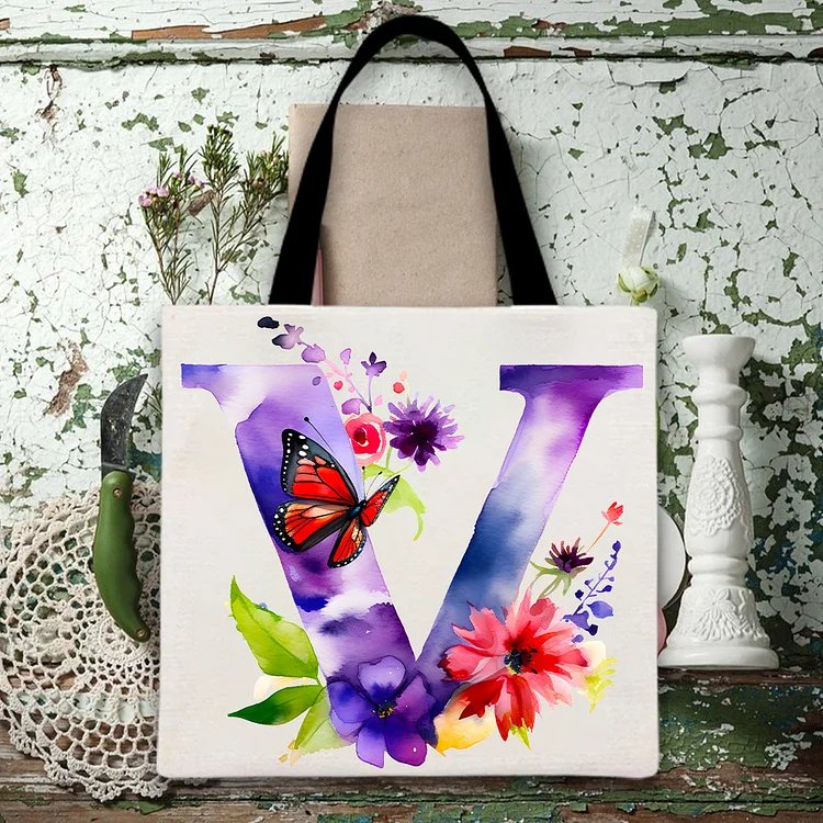 Purple V Butterfly And Flower Printed Canvas Bag-BSTC1270