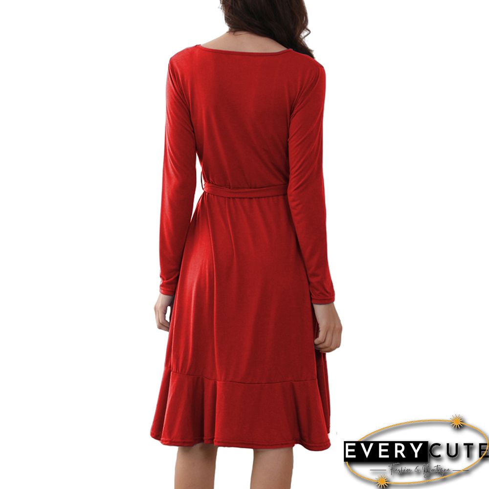 Red Ruffled Hem Tie Waist Long Sleeve Casual Dress