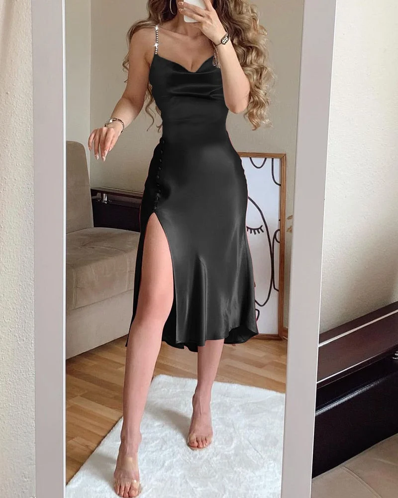 Summer Women Studded Strap High Slit Mid Dress Femme Fashion Buttoned Robe Lady Outfits Evening Sundress Vestidos 2022 Prom Wear