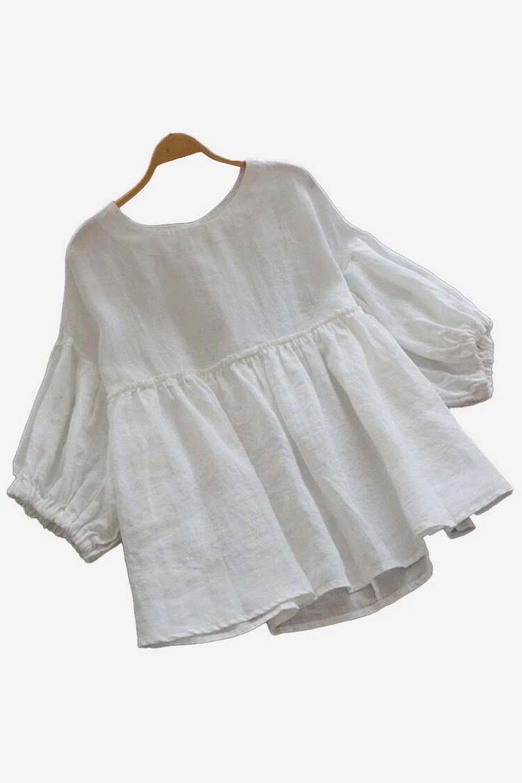 Half Sleeve Round Neck Pleated Linen Top