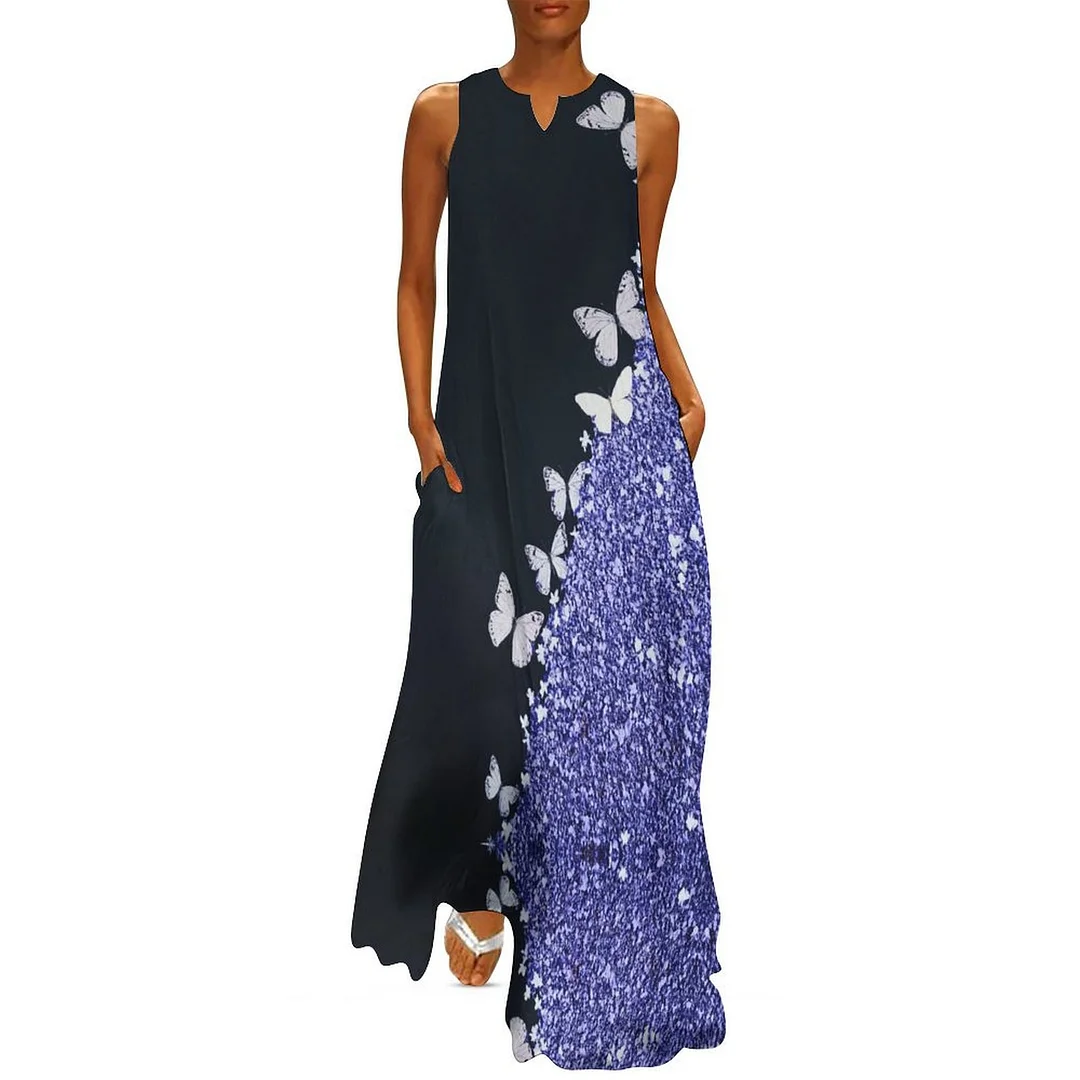 Style & Comfort for Mature Women Plus Size Printed Sleeveless Casual Women Maxi Dress with Pockets in Pattern Purple, Butterfly, Glitter
