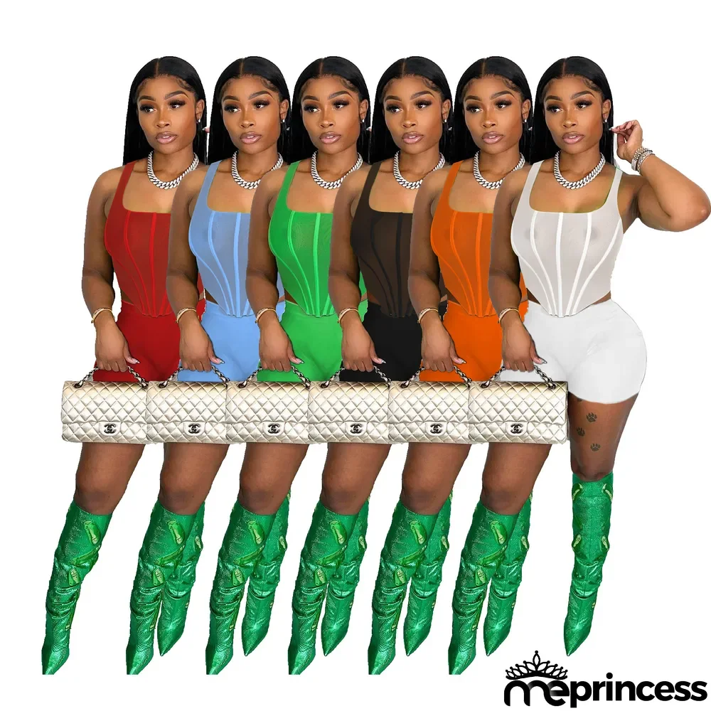 Casual Sleeveless Mesh Vest And Short Two Piece Set