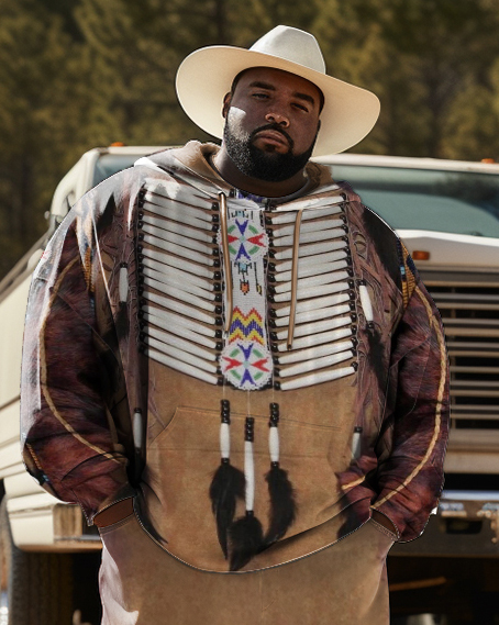Men's  Plus Size Ethnic Style Diamond Brown Hoodie Two Piece Set