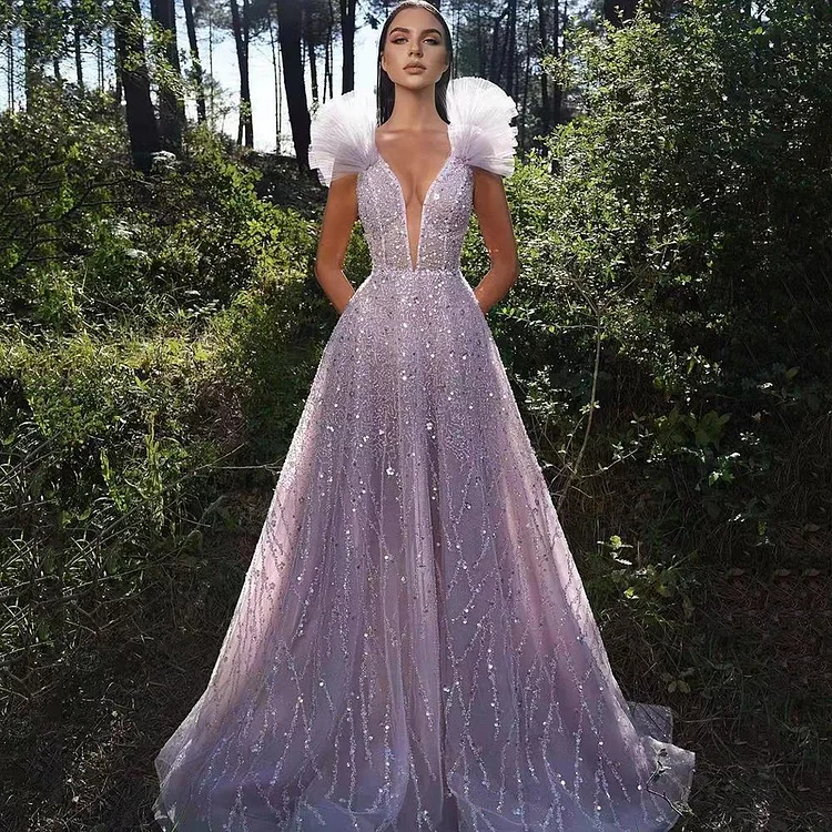 Promsstyle Promsstyle Elegant deep v neck sleeveless glittering sequins mopping length evening gown Prom Dress 2023