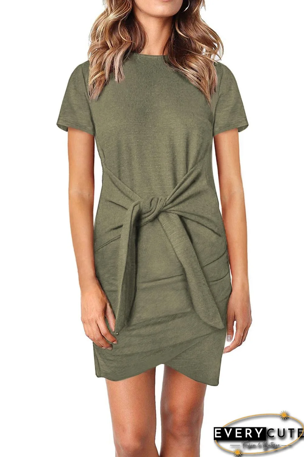 Green Short Sleeve Tie Waist T-Shirt Mini Dress