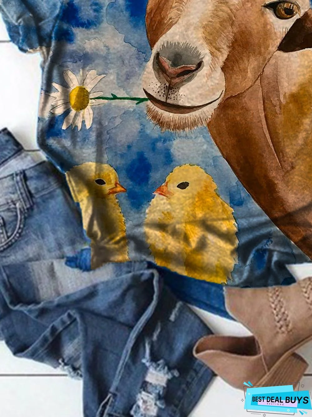 Blue Printed Round Neck Short Sleeve Simple T-shirt