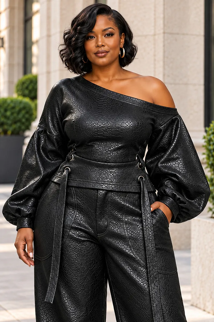 Xpluswear Design Plus Size Business Casual Black Oblique Collar Long Sleeve Cut Out PU Leather Blouses [Pre-Order] 2024 - Xpluswear