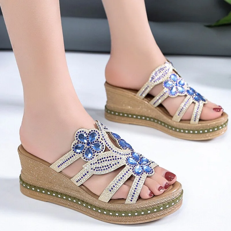 Qjong Women Wedges Thick Slippers Crystal High Heels Sandals 2022 Summer New Luxury Pumps Party Women Shoes Sexy Slides Flip Flops