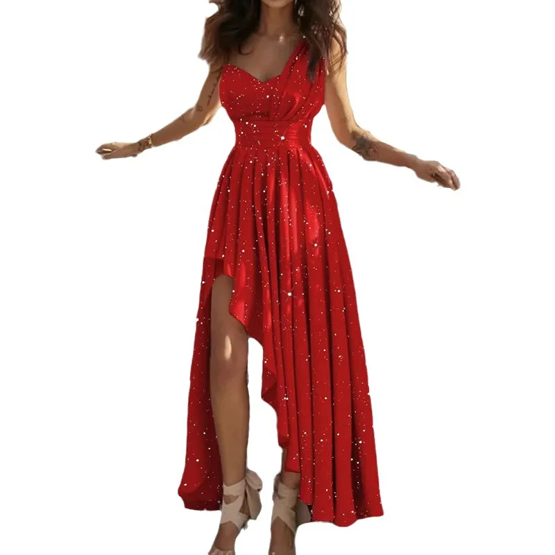 Brownm Brownm Women's Wear 2024 New Temperament Inclined Shoulder High Waist Sleeveless Long Loose Irregular Evening Ceremony Winter Dress