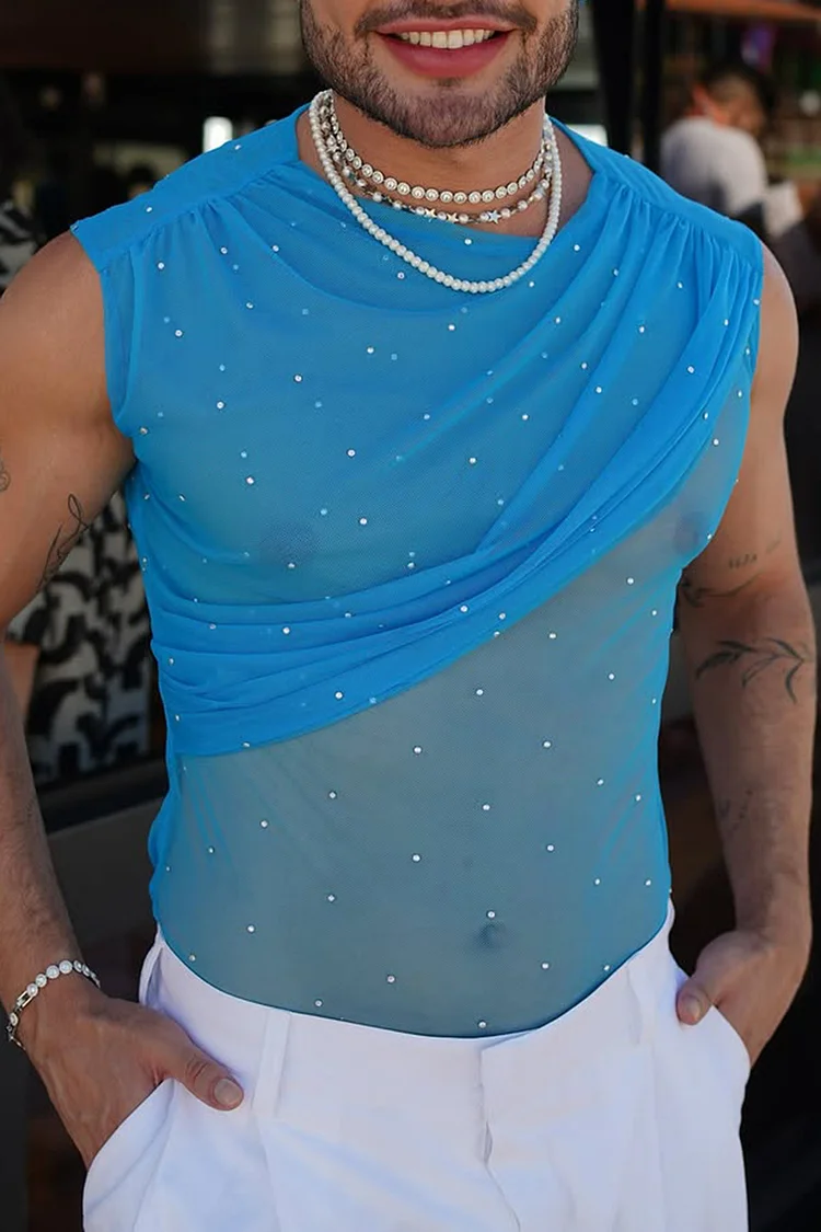 Men's Rhinestone Mesh See Through Draped Blue Tank Top [Pre-Order]