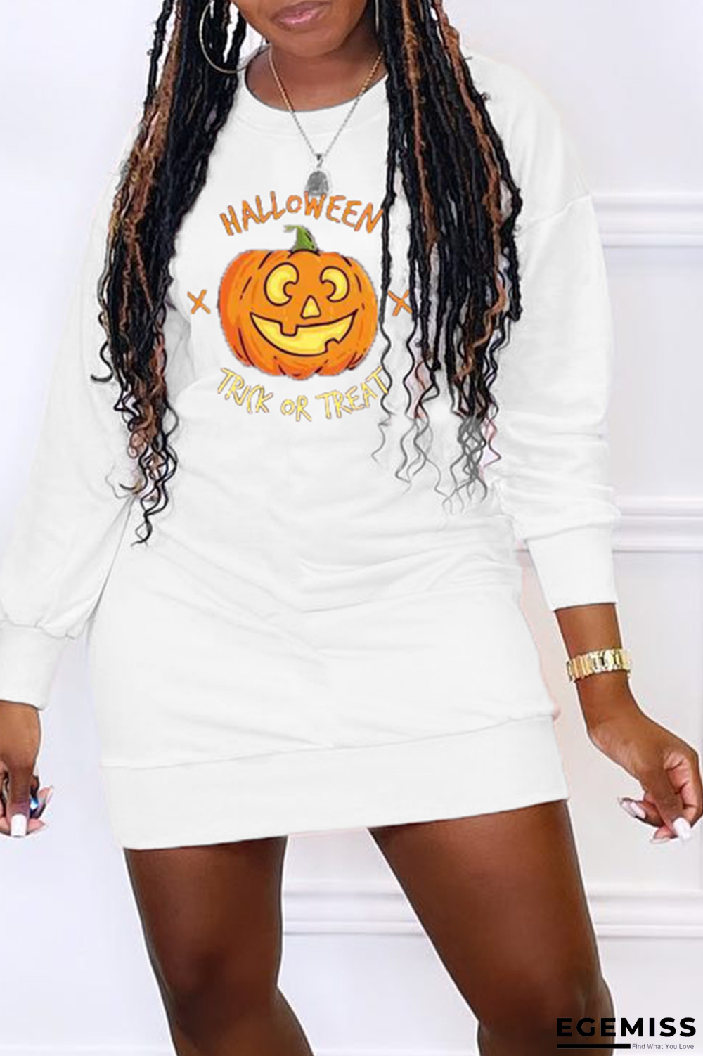 White Casual Print Skull Patchwork O Neck Pencil Skirt Dresses | EGEMISS