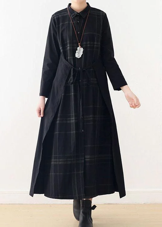 Organic Black Plaid Tie Long Sleeve Holiday Dress Fall