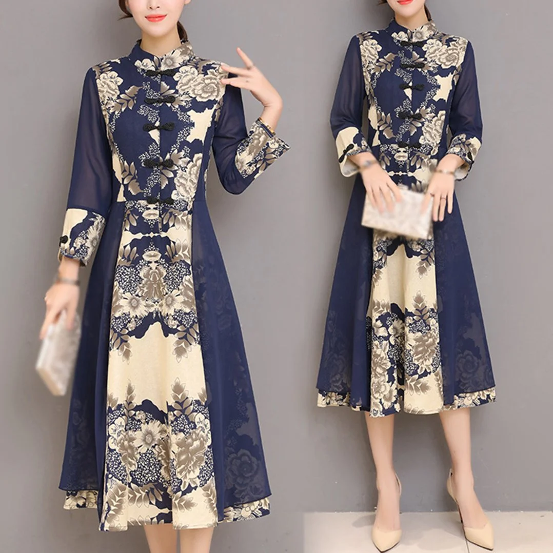 Rochie de primăvară-toamnă cu imprimeu, stil chimono