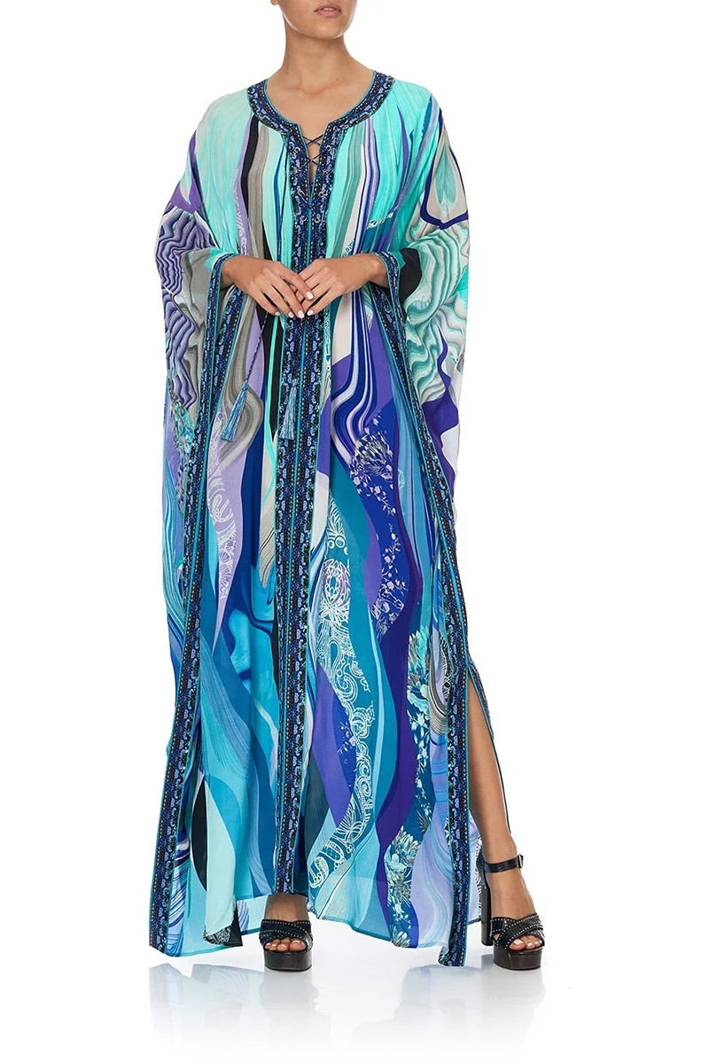 Fitshinling Print Split Straight Kaftan Beach Long Dress Women Bohemian Lace Up Overized Robe Blue Loose Pareos Maxi Dresses New