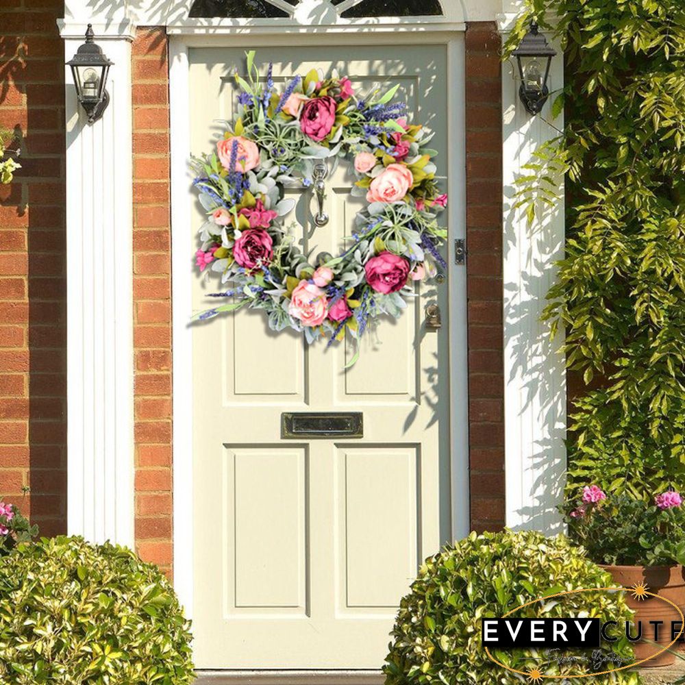 Summer peony wreath for front door - Lambs ear farmhouse wreath