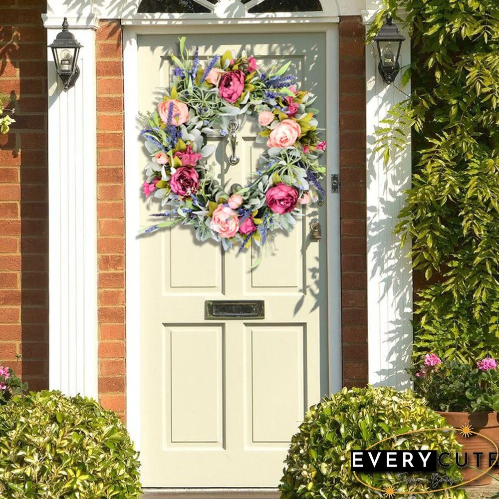 Summer peony wreath for front door - Lambs ear farmhouse wreath