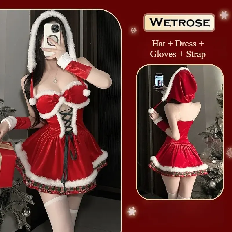 [Wetrose] In Stock Red Velvet Hooded Furry Trim Lace Up Dress Party Outfit Cosplay Costume Christmas Xmas 