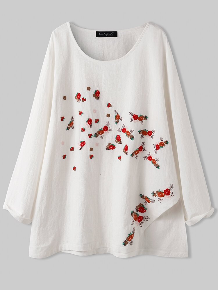 Floral Embroidery Slit Hem O Neck Long Sleeve Casual Blouse P1823883