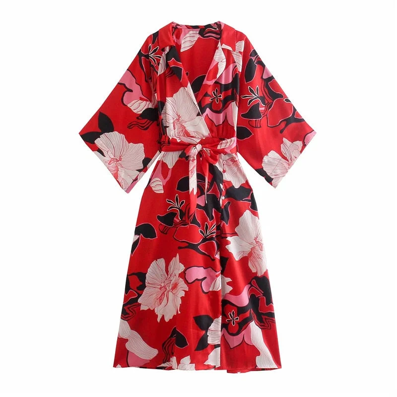 ZA 2021 Red Floral Print Midi Dres Women Long Sleeve Belted Egegant Party Dresses Chic Buttoned Loose Female Vintgae Long Dress