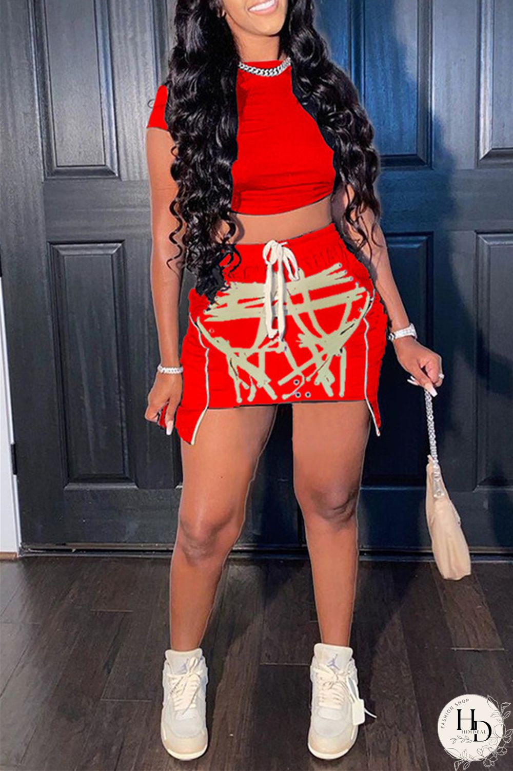 Red Fashion Sexy Print Asymmetrical O Neck Short Sleeve Two Pieces