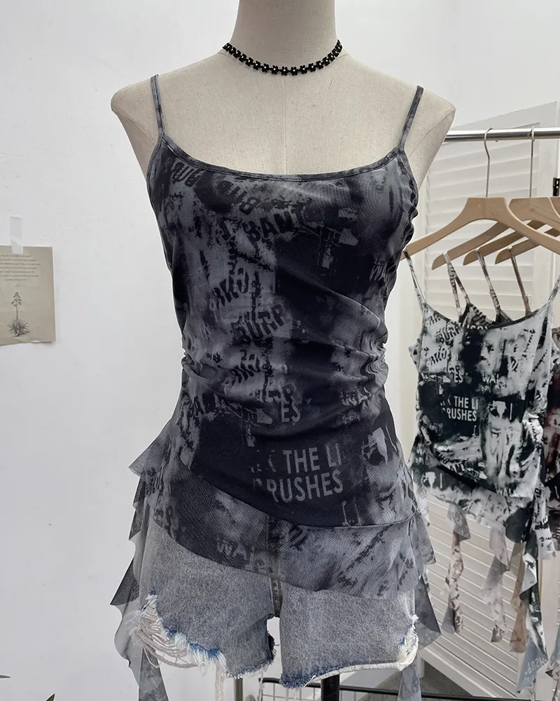 Brownm Solid Shooting Wasteland Style Personality Letter Tie-Dye Printing Mesh Sling Sling Babes Irregular Tuxedo Small Vest 9965