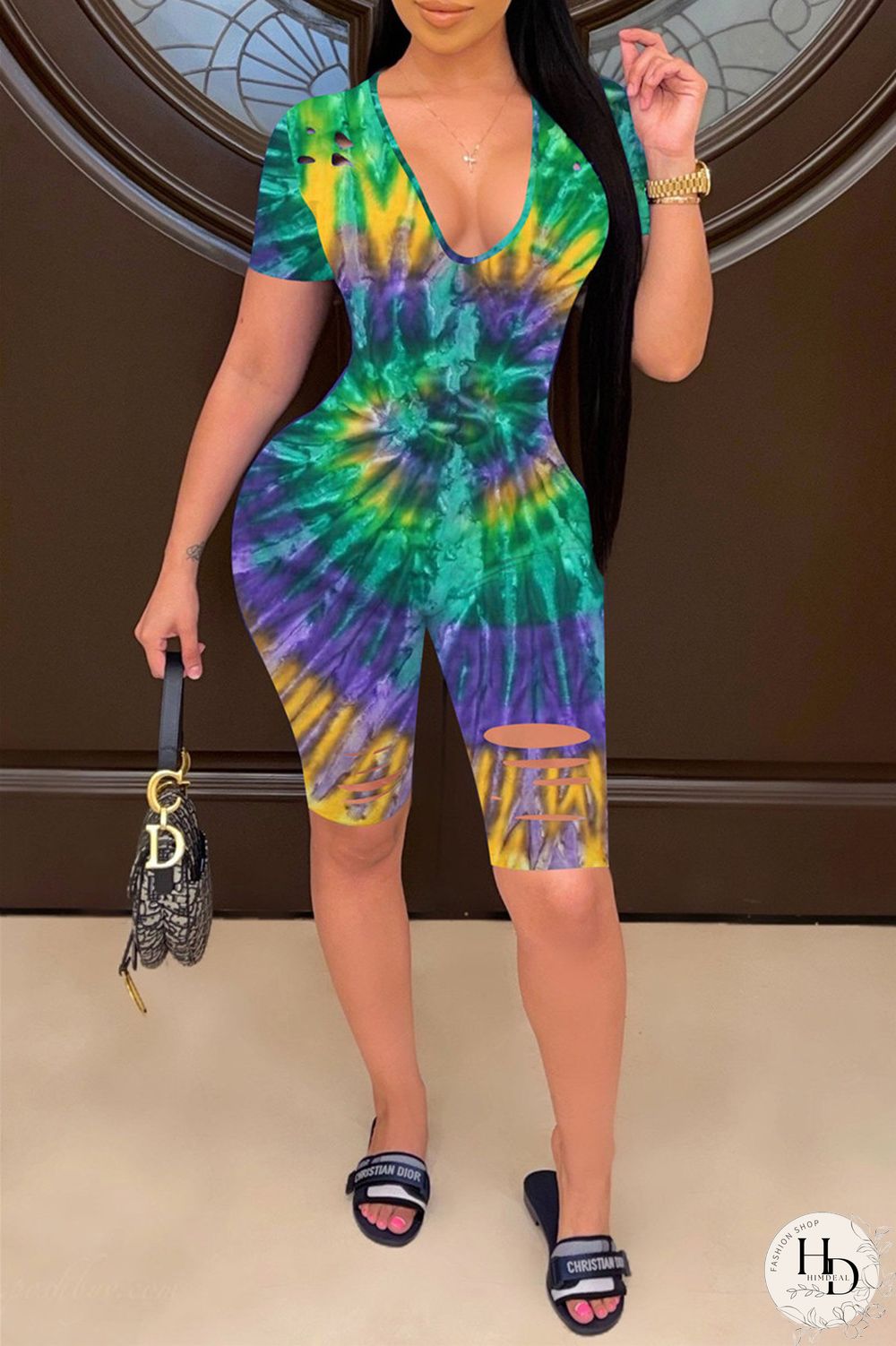 Purple Fashion Casual Print Tie Dye Ripped V Neck Skinny Romper