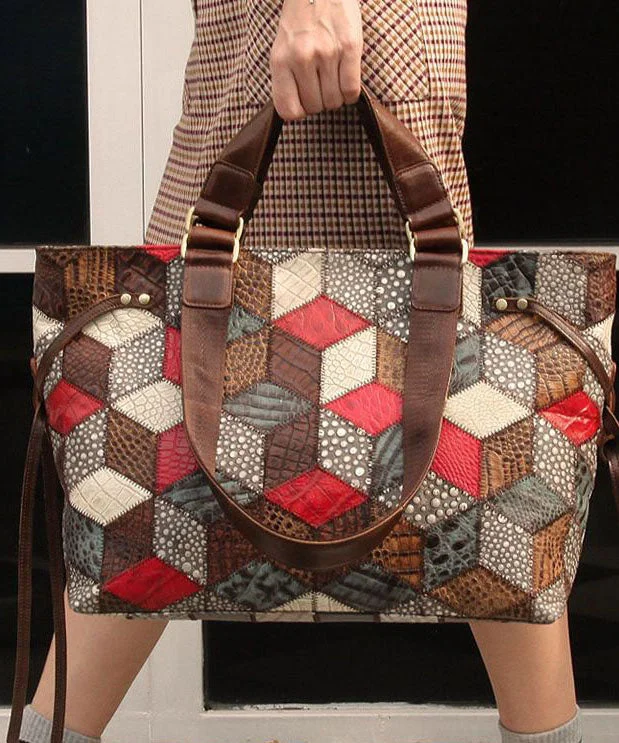 Bohemian Colorblock Geometric Appliqued Calf Leather Tote Handbag